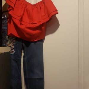 Top - crop - one shoulder - RED w/large ruffle
